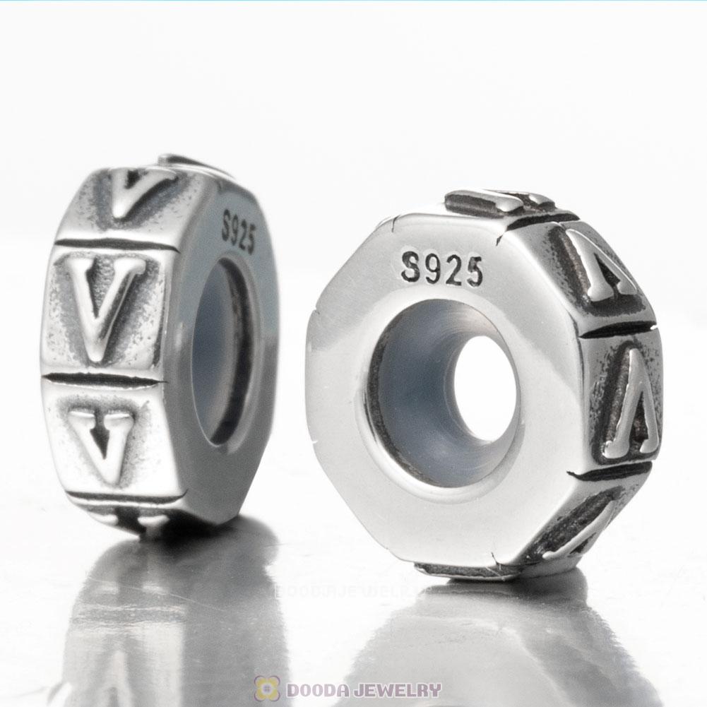 Alphabet Letter V 925 Sterling Silver Rubber Stopper Beads 