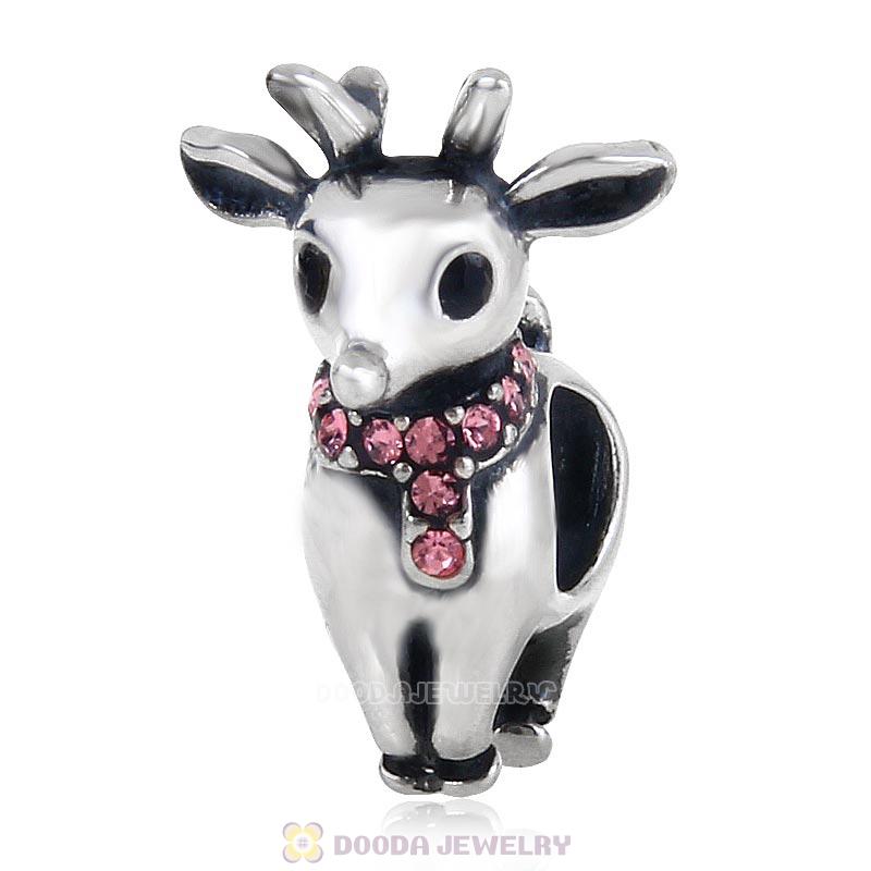 Antique Sterling Silver Reindeer Bead with Lt Rose Australian Crystal
