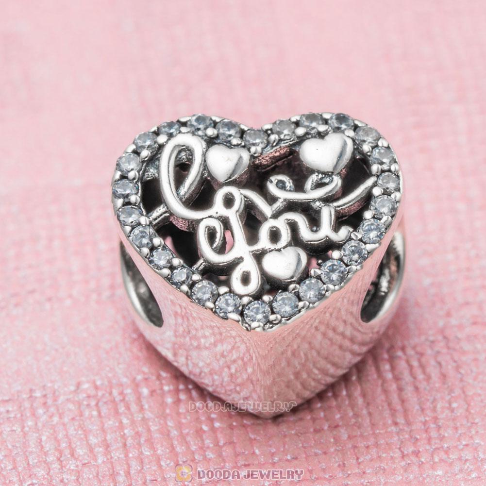 I Love You More Heart Charm Beads with Clear CZ