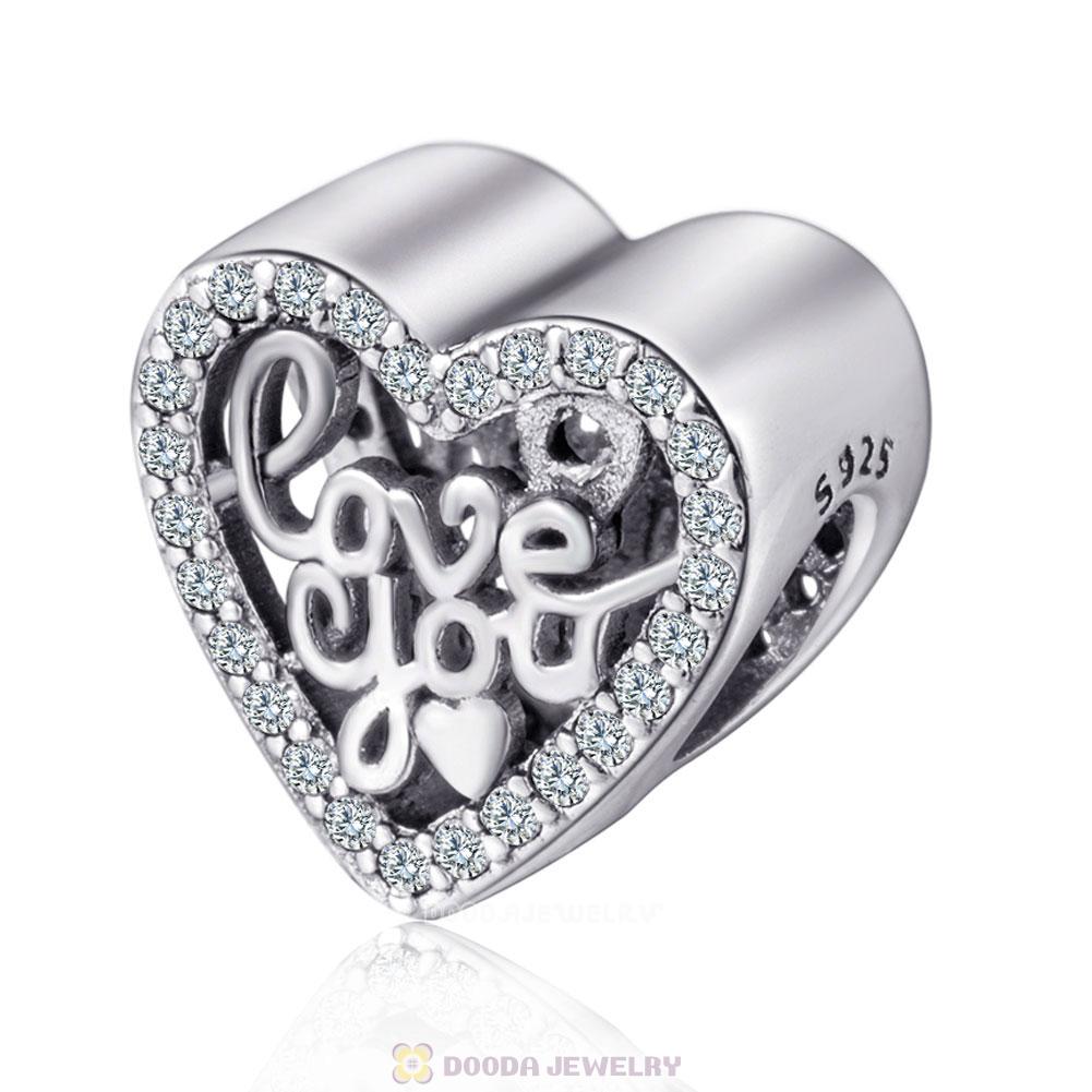 I Love You Heart Charm Beads with Clear CZ