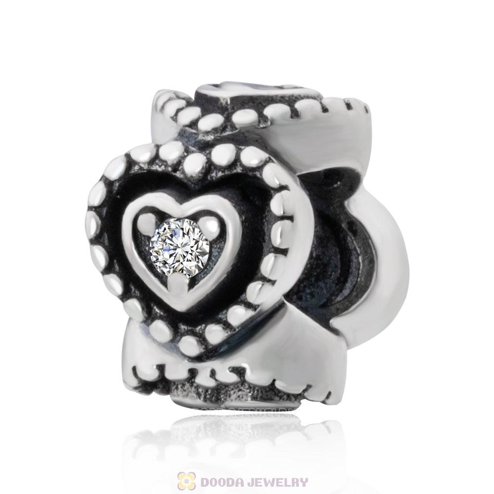Cubic Zirconia Heart Spacers Charm in Sterling Silver