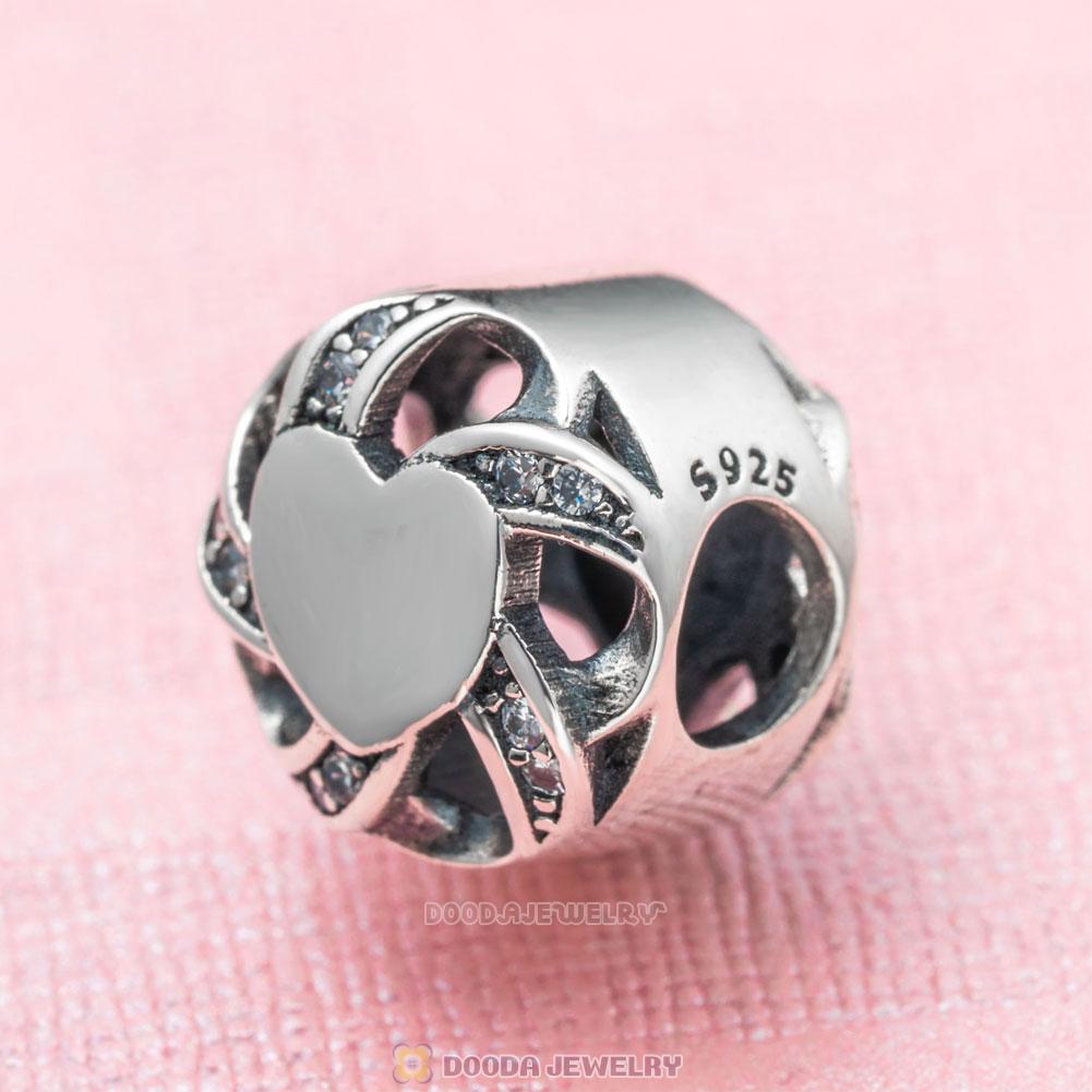 Silver Ribbon Heart Charm with Clear CZ