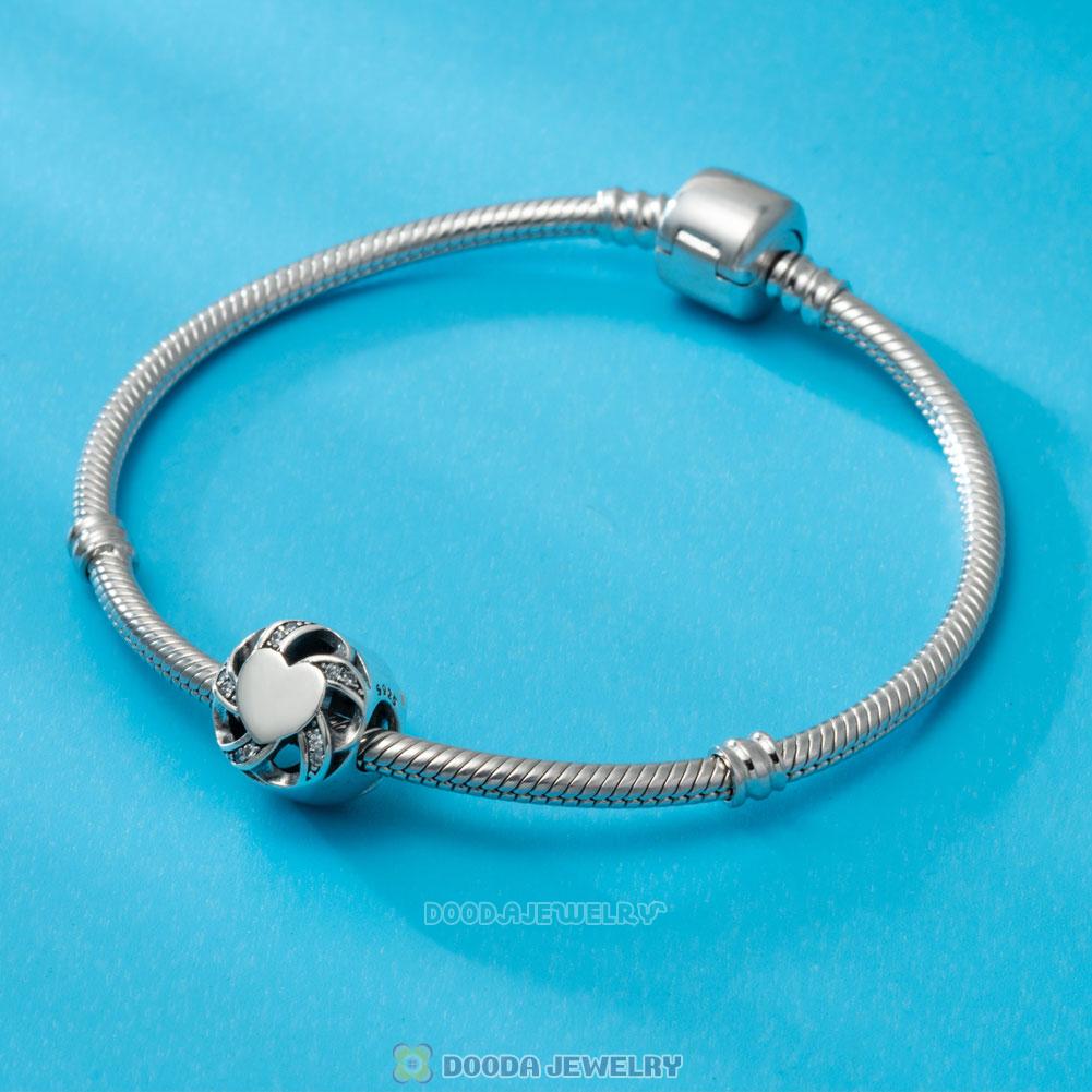 Silver Ribbon Heart Charm with Clear CZ