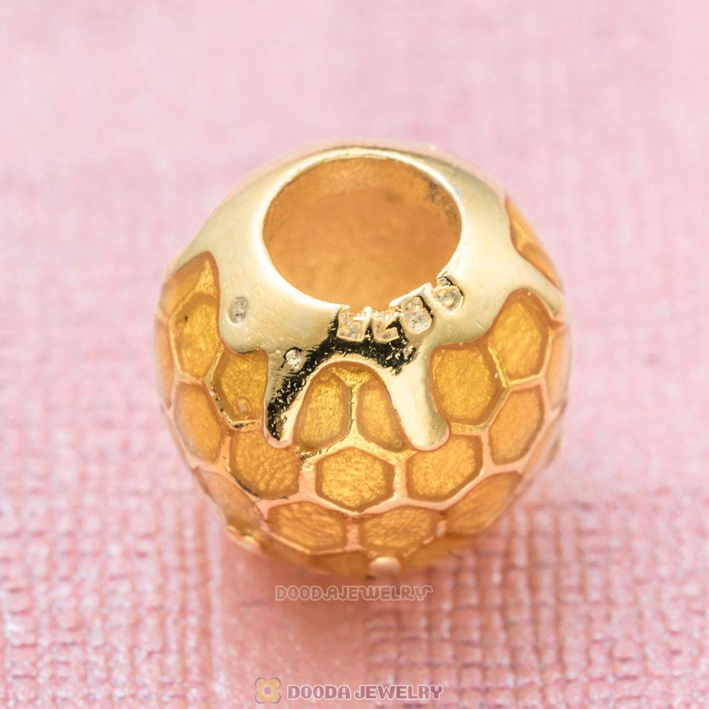 Honeycomb Charm Bead in Sterling Silver with Golden Enamel