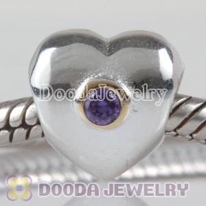 European Style Silver Heart Beads Gold Plated with Purple Stone