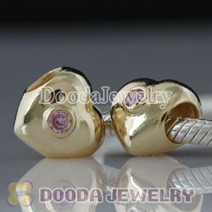 Gold Plated Sterling Silver Heart Beads with Pink Stone