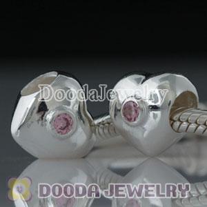Sterling Silver Charm Heart Beads with Pink Stone