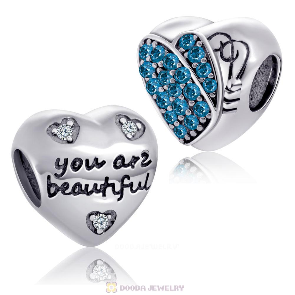 You are Beautiful Heart Charm Bead with Blue CZ