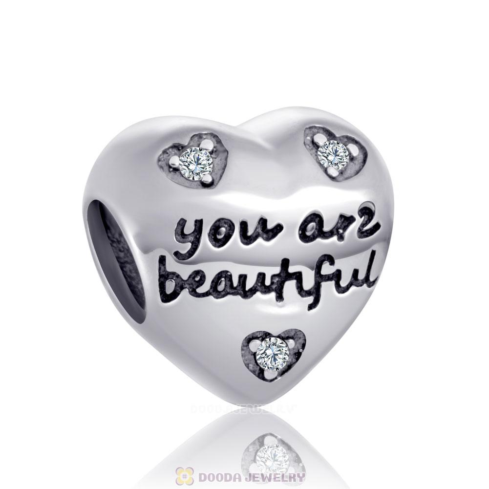 You are Beautiful Heart Charm Bead with Blue CZ
