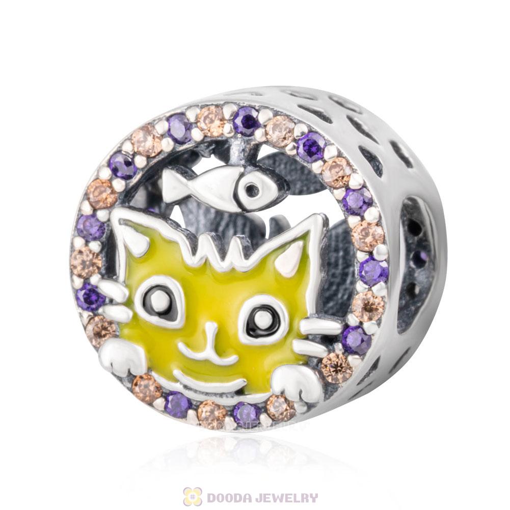Cat and Fish Charm in 925 Sterling Silver