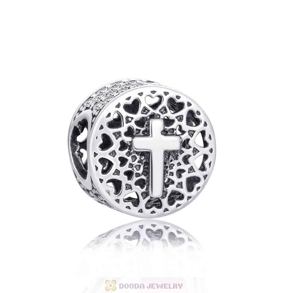 Saint Cross and Heart Charm with White Zircon