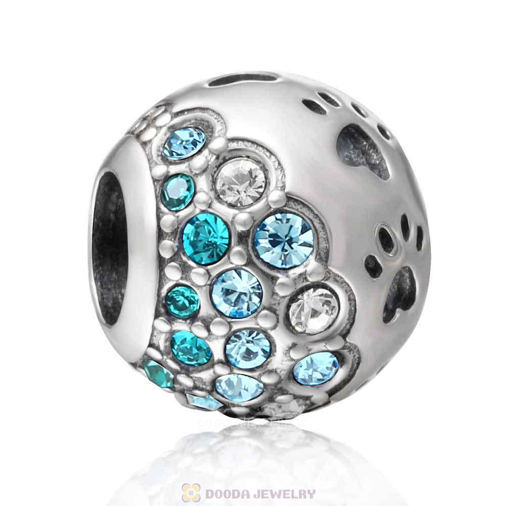 Dog Paw Print Charm with Austrian Crystal Aquamarine Style