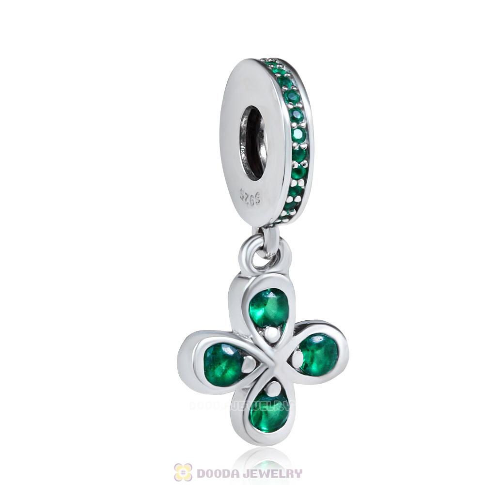Four-Petal Flower Green CZ Dangle Charm