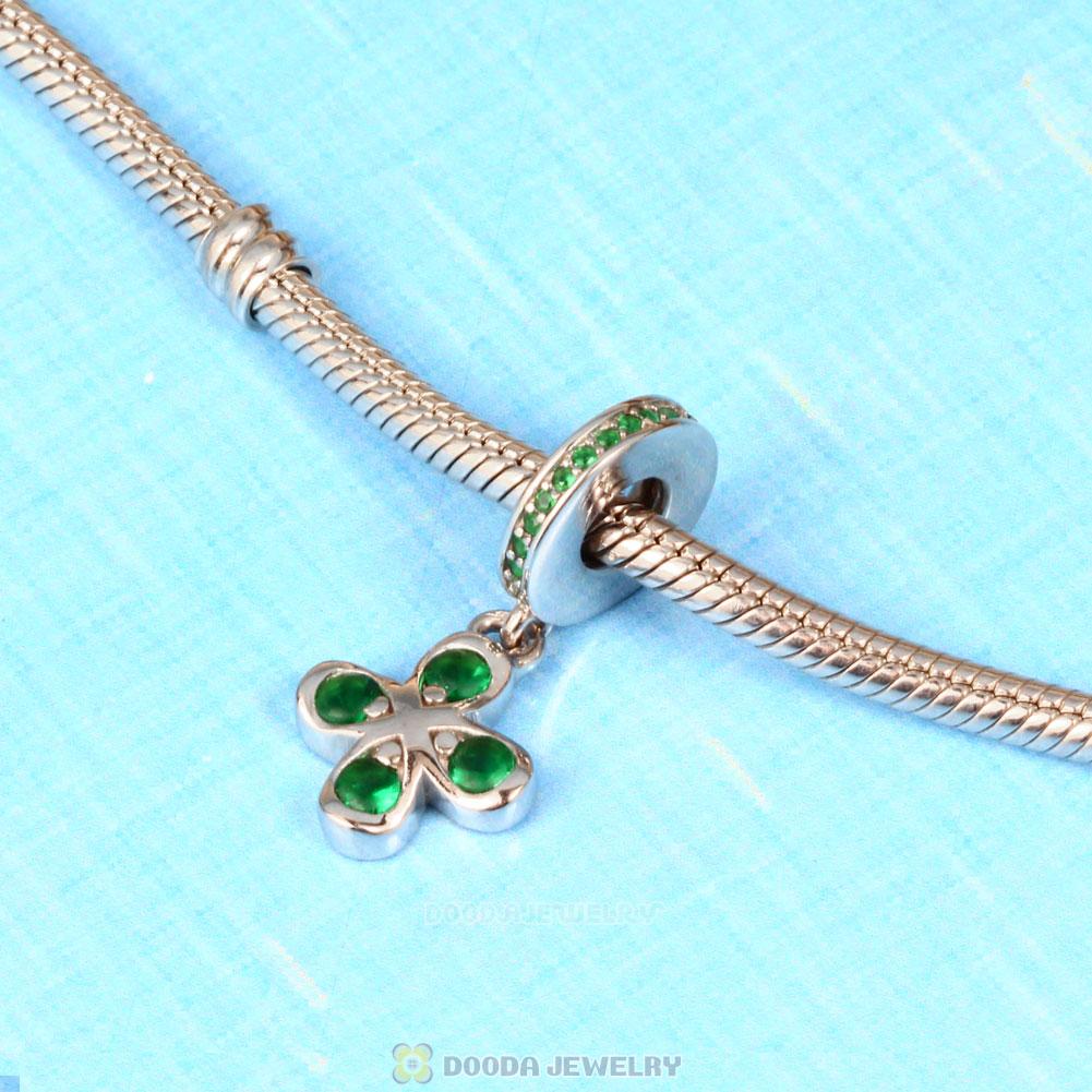 Four-Petal Flower Green CZ Dangle Charm
