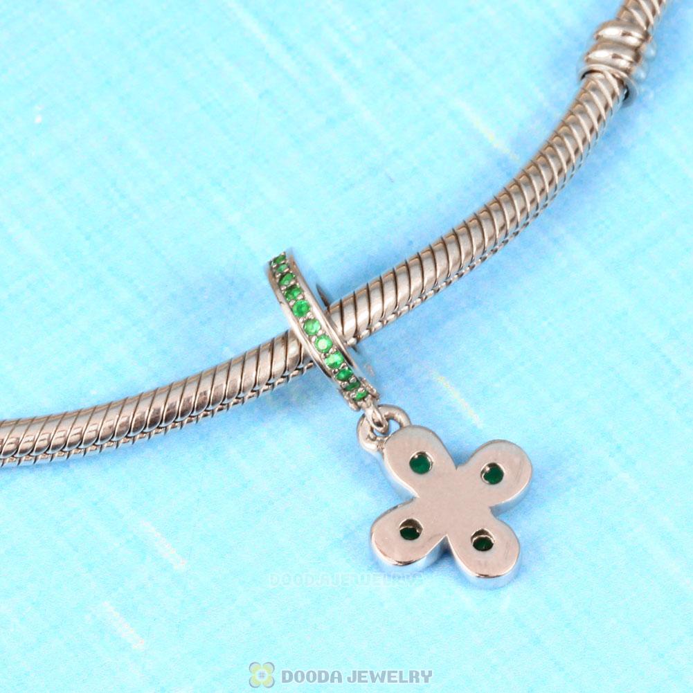 Four-Petal Flower Green CZ Dangle Charm