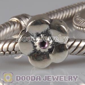 925 Sterling Silver European Style Daisy Charm Beads with Pink Stone