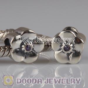 925 Sterling Silver European Style Daisy Charm Beads with Purple Stone