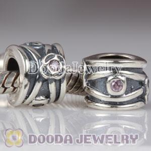 Sterling Silver Charms with Pink CZ Stone fit European Largehole Jewelry Bracelet