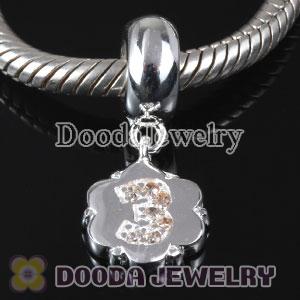 European Style Digit Charms Dangle Number 3 Bead with CZ Stone