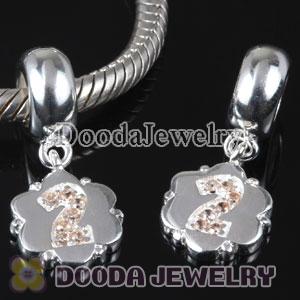 European Style Digit Charms Dangle Number 2 Bead with CZ Stone