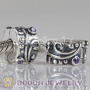 European Style 925 Silver Tendril Clip Beads with Purple CZ Stone