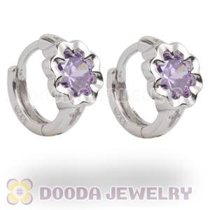 Sterling Silver Flower Huggie Hoop Earrings with Purple CZ