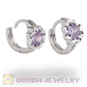 Sterling Silver Flower Huggie Hoop Earrings with Purple CZ