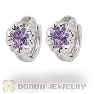 Sterling Silver Flower Huggie Hoop Earrings with Purple CZ