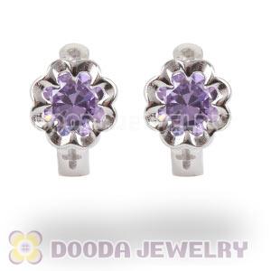 Sterling Silver Flower Huggie Hoop Earrings with Purple CZ