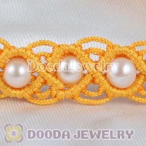 Hand Knitted Adjustable Yellow handmade Inspired Bracelet with Nature Freshwater Pearl