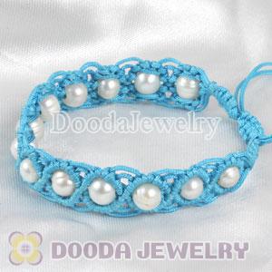 Hand Knitted Adjustable Blue handmade Inspired Bracelet with Nature Freshwater Pearl