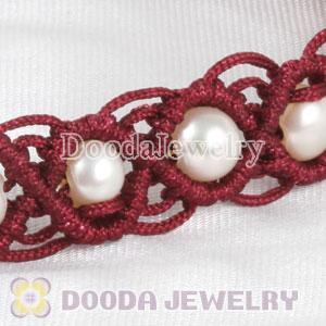 handmade Inspired Hand Knitted Adjustable Red Bracelet with Nature Freshwater Pearl