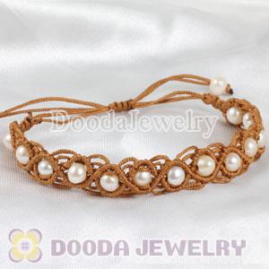 handmade Inspired Hand Knitted Adjustable Brown Bracelet with Nature Freshwater Pearl