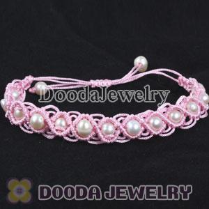 handmade Inspired Hand Knitted Adjustable Pink Bracelet with Nature Freshwater Pearl