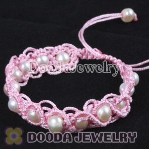 handmade Inspired Hand Knitted Adjustable Pink Bracelet with Nature Freshwater Pearl