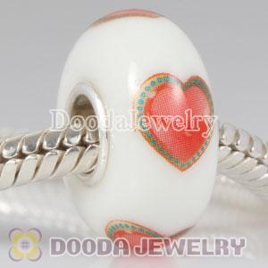 Printed Red Heart Murano Glass Beads 925 Sterling Silver European Compatible