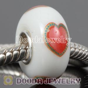 Printed Red Heart Murano Glass Beads 925 Sterling Silver European Compatible
