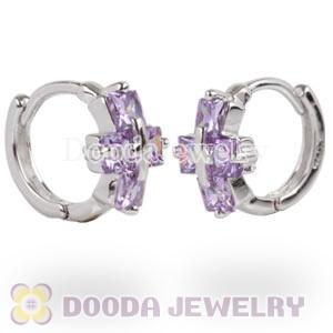 Sterling Silver Cross Purple CZ Huggie Hoop Earrings