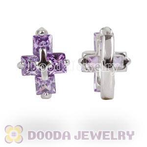 Sterling Silver Cross Purple CZ Huggie Hoop Earrings