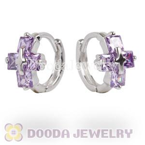 Sterling Silver Cross Purple CZ Huggie Hoop Earrings