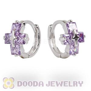Sterling Silver Cross Purple CZ Huggie Hoop Earrings