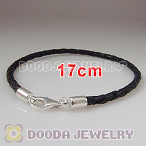 17cm Black Braided Leather Bracelet with Sterling Lobster Clasp