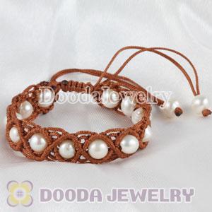 Hand Knitted Adjustable brown European macrame bracelet with freshwater pearl