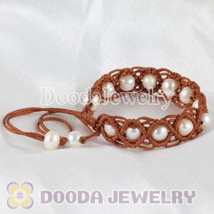 Brown European macrame bracelet with pearl