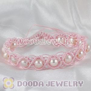 Wholesale Fashion Hand Knitted Adjustable Pink Bracelet with Nature Freshwater Pearl