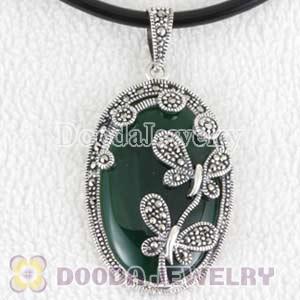 Double Dragonfly Marcasite Pendant inlay Green Agate Thai Sterling Silver