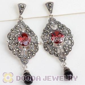 Thai Sterling Silver Marcasite Earrings inlay Red CZ Stone