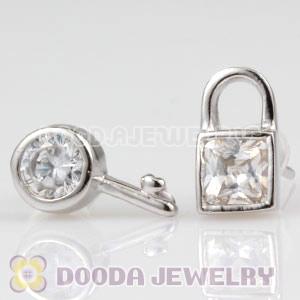 Sterling Silver Fashion Key and Lock with CZ Stud Earrings