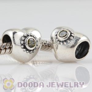 925 Sterling Silver Puffy Heart charm beads with olive green Stone