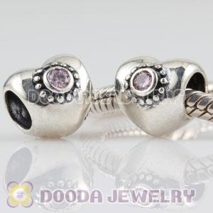 925 Sterling Silver Puffy Heart charm beads with pink Stone